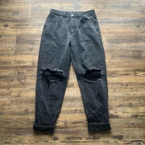 Pretty Little Thing Womens Black Denim Mom Jeans Distressed High Rise Size 8